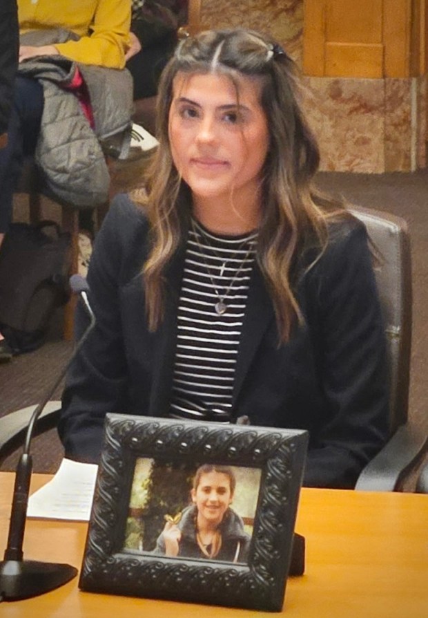 Emily Peterson testified in favor of a bill named for her sister, Alyssa's Act, Senate Bill 60, on Thursday, March 12, before the Colorado Senate Health and Human Services Committee. (Photo courtesy of the Peterson Family)