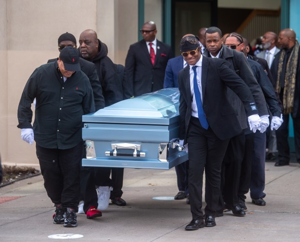Pallbearers carry out Steven Jones after services at The First Cathedral in Bloomfield on Thursday, March 26, 2026. (Aaron Flaum/Hartford Courant)