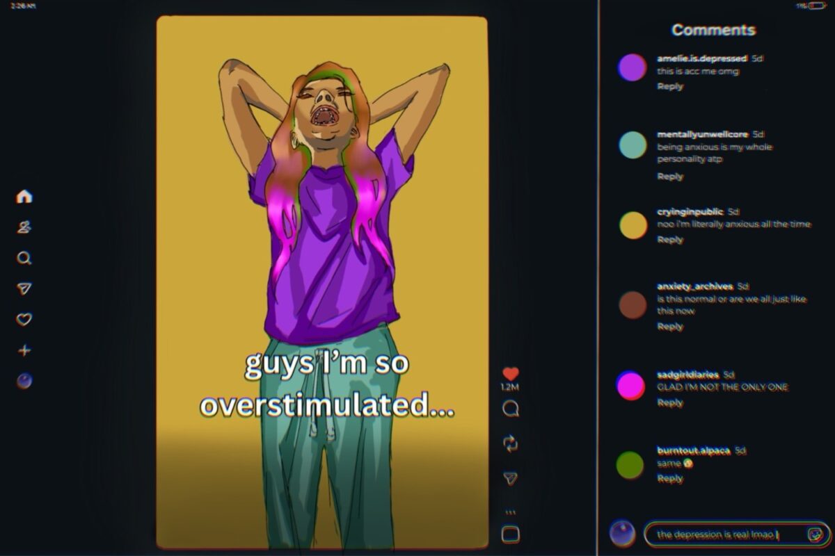 A girl stands in distress as comments flood in on her post. Social media can shape and intensify how people interpret normal emotions.