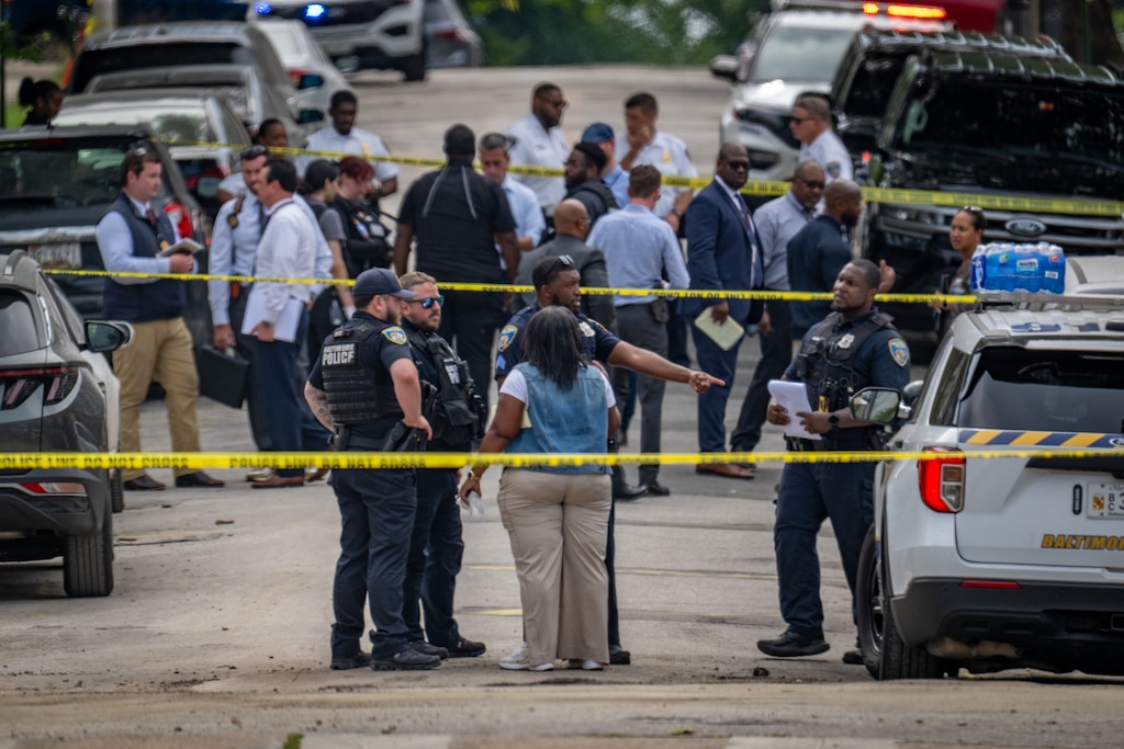 Baltimore Police on scene of a police-involved shooting on the 2700 block of Mosher Street on Wednesday, June 25, 2025.