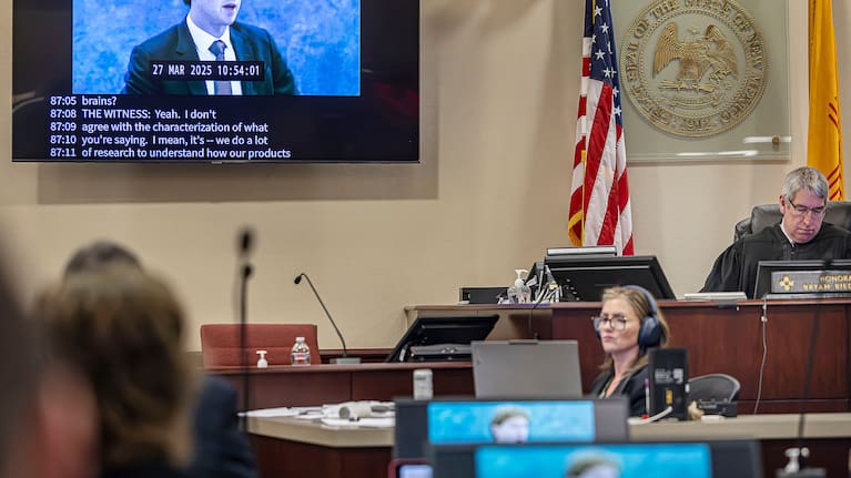 A recording of Meta Founder and CEO Mark Zuckerberg's deposition is played for the jurors on Wednesday, March 4, 2026, in Santa Fe, N.M.