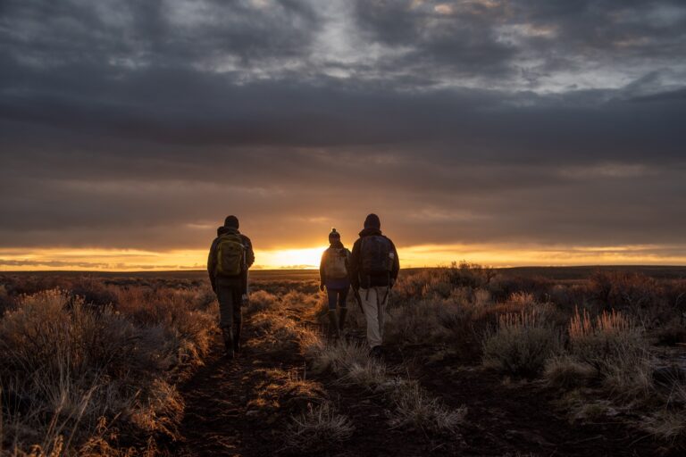 Biologists from the Idaho Fish and Wildlife Office hike at sunrise to survey for greater sage-grouse in Owyhee County, Idaho.