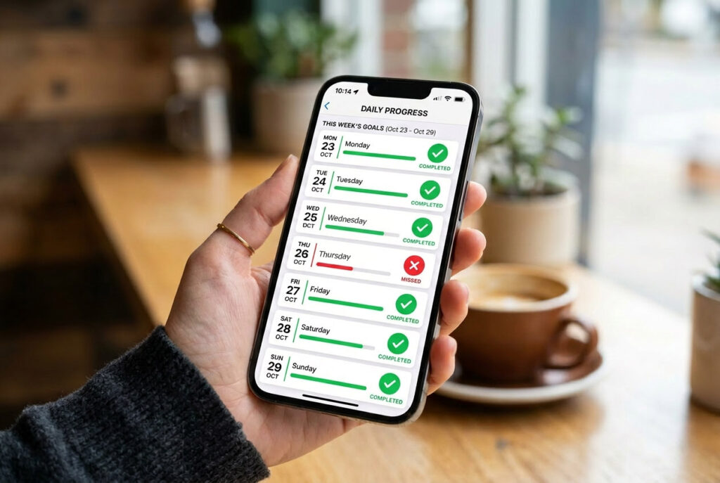 A phone app shows a week's worth of tracking data