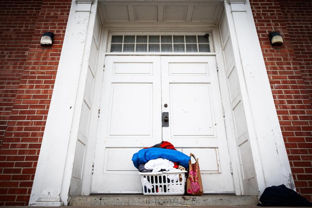A basket of belongings sits on the steps of the Mesa Church building, now owned by the CREOKS behavioral services provider, in Tulsa March 5, 2026.