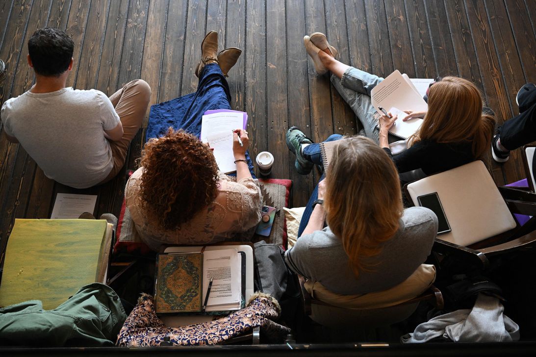 Future psilocybin facilitators take notes during the Fluence Psilocybin-Assisted Therapy certificate training program in Portland, Oregon, on May 9, 2023.