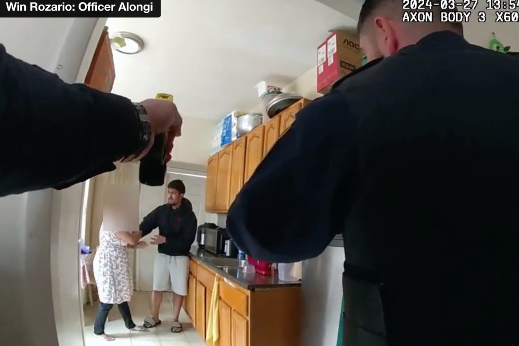 NYPD body camera footage shows a pair of officers standing before Win Rozario and his mother moments before they fatally shot the young man.