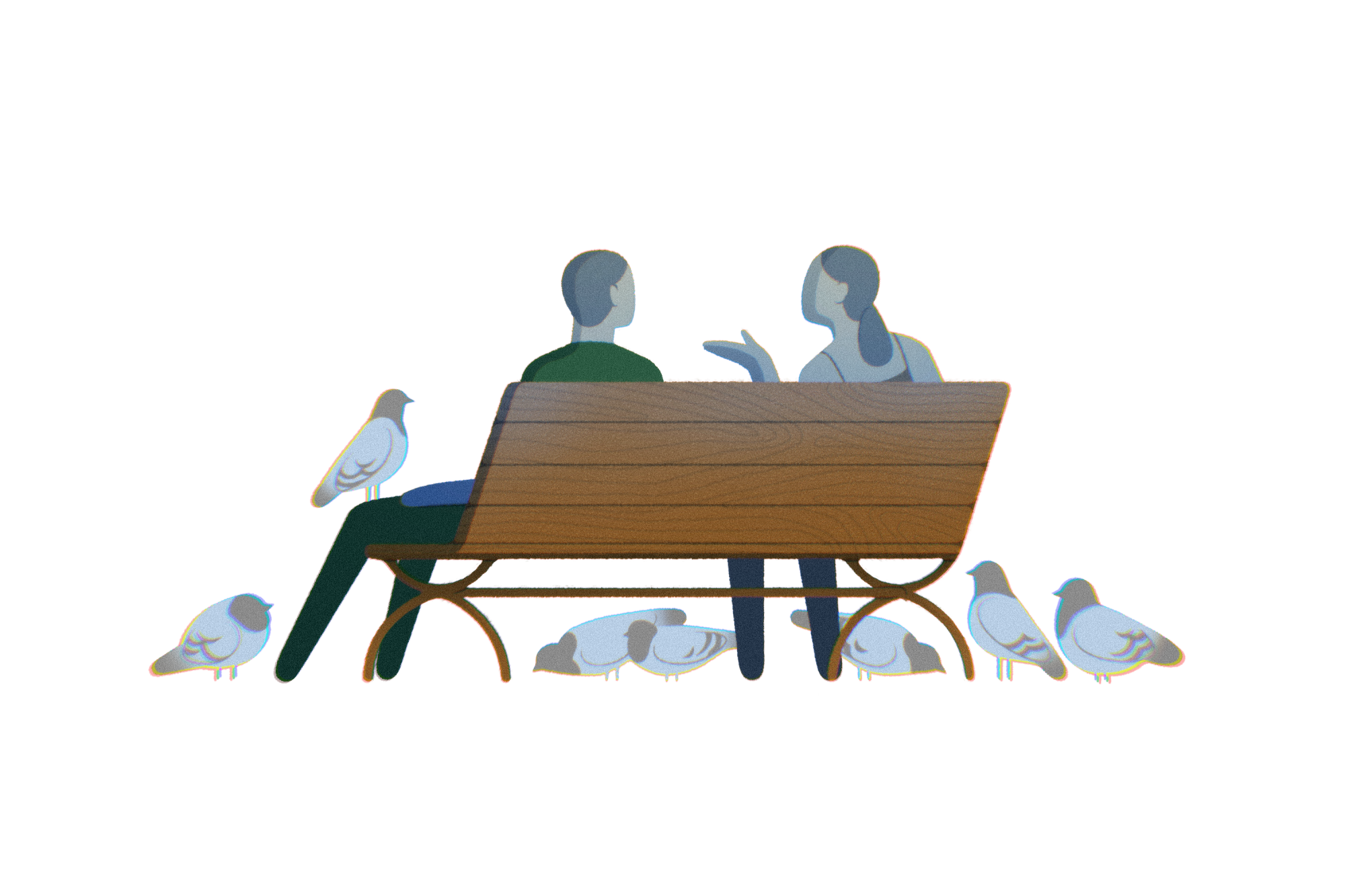 Two people talking on a park bench surrounded by pigeons