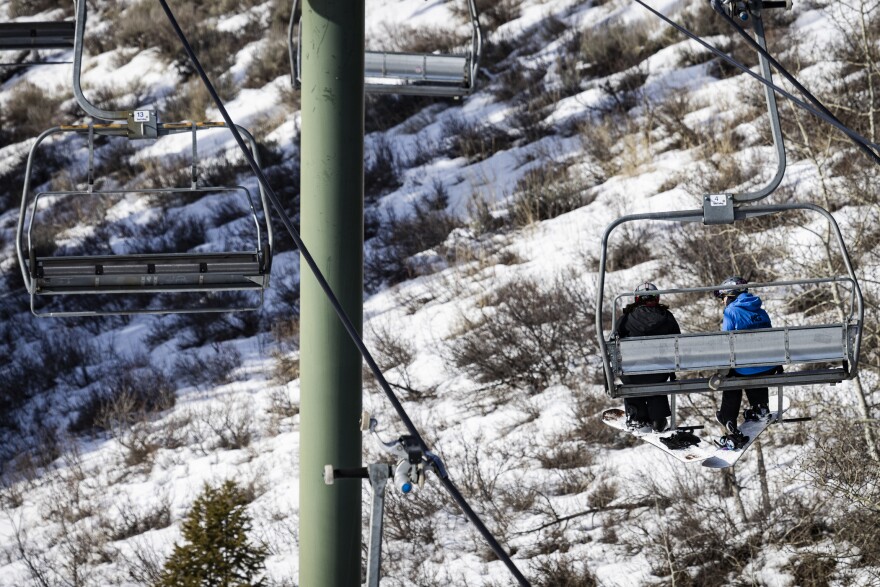 Stella Vincent, left, and Alaina Wilson head up Bald Mountain in Sun Valley