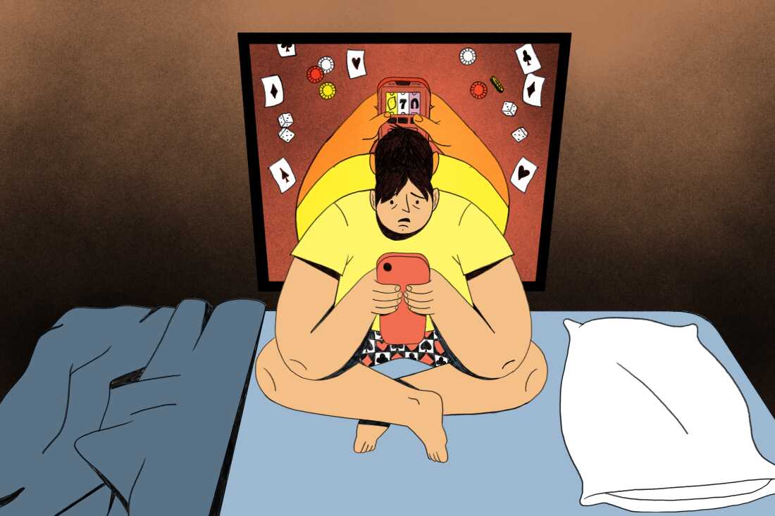 This illustration shows a teenage boy sitting cross-legged on a bed with his phone in his hands. A mirror is behind him, and in the reflection, you can see he is gambling. Cards, dice and poker chips fall from the sky in the reflection.