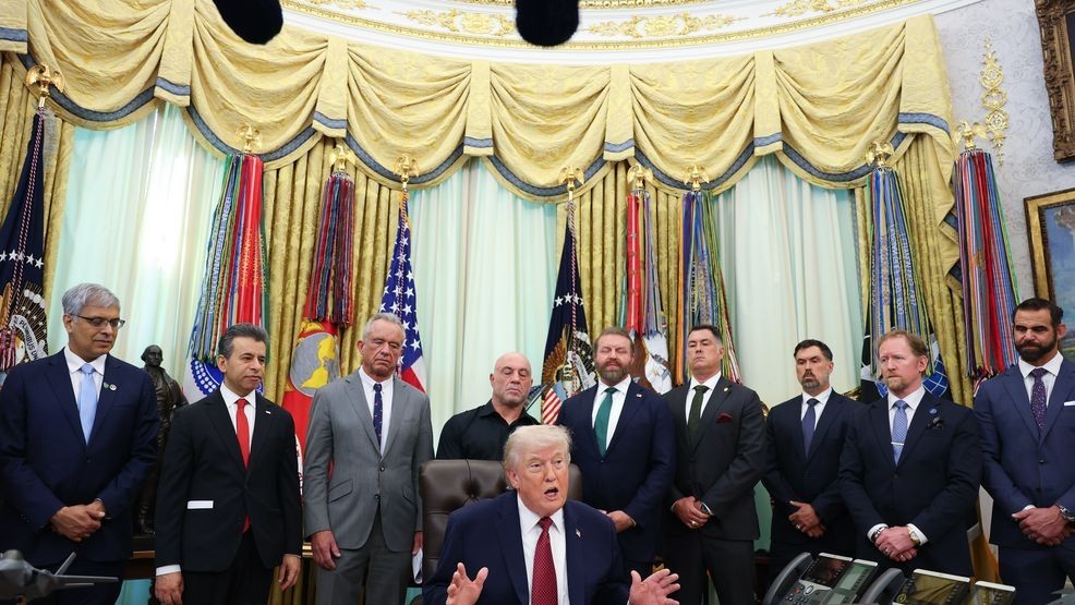 WASHINGTON, DC - APRIL 18: U.S. President Donald Trump speaks in the Oval Office before signing an Executive Order April 18, 2026 in Washington, DC. The executive order directs the Food and Drug Administration to issue new guidance on the use of psychedelic drugs intended for clinical trials for U.S. veterans suffering from Post Traumatic Stress Disorder.  (Photo by Tasos Katopodis/Getty Images)