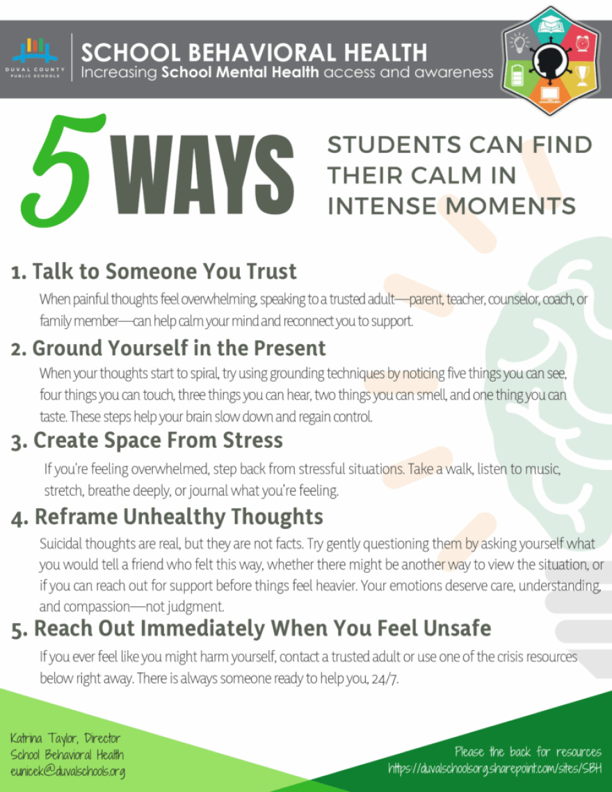 handout sheet titled 5 ways students can find their calm  in intense moments