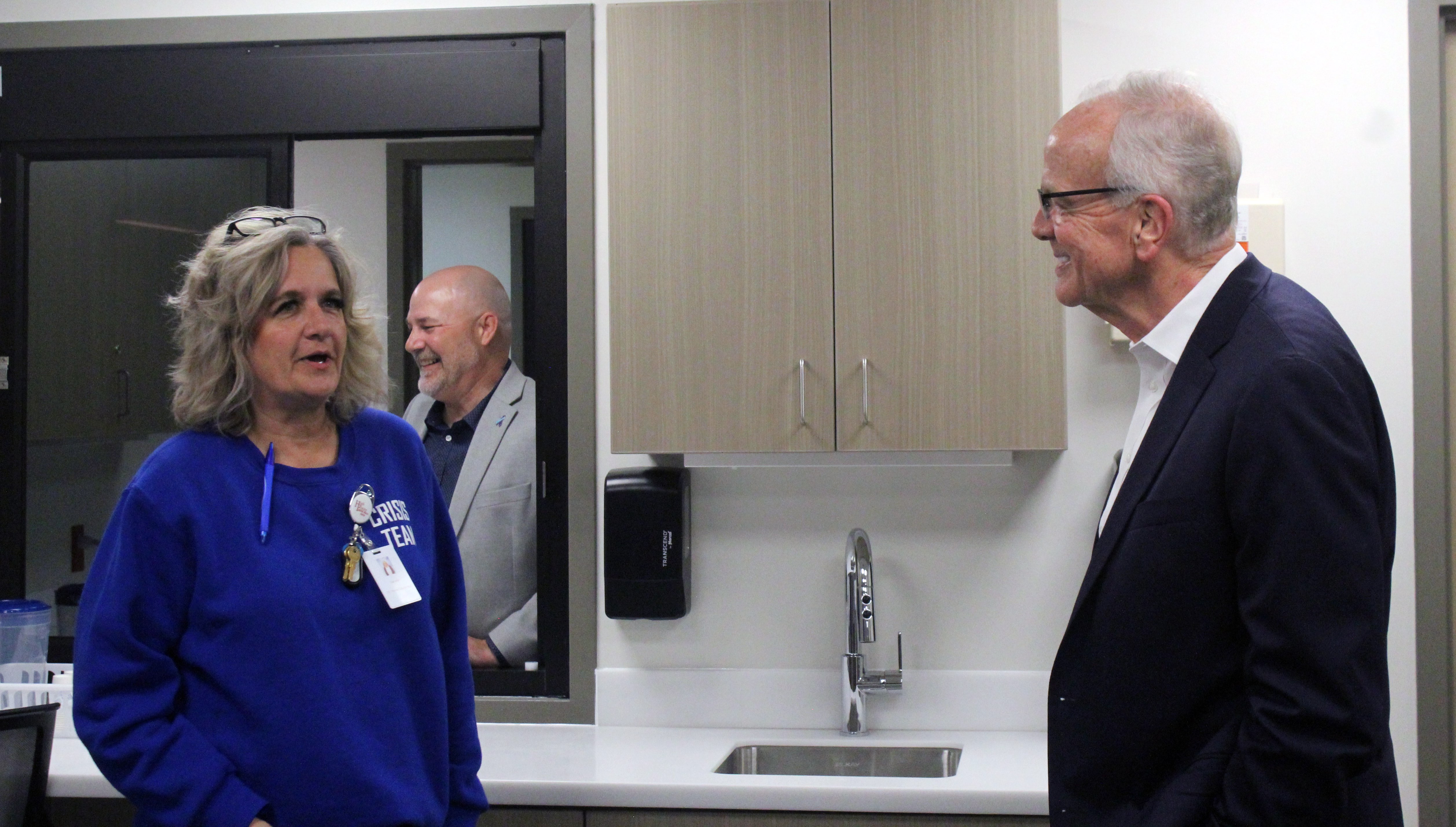 Danielle Lummus, center nurse supervisor, and Moran in the center's pharmacy. Photo by Cristina Janney/ Hays Post<br>