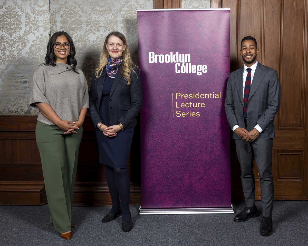 (Left to right) Liz Dozier engaged in a timely discussion on the Black maternal health crisis with President Michelle J. Anderson as part of Brooklyn College’s Presidential Lecture Series on April 23. The event was also attended by Borough President Antonion Reynoso, who has lent his support of the college’s perinatal mental health curriculum and programming. 