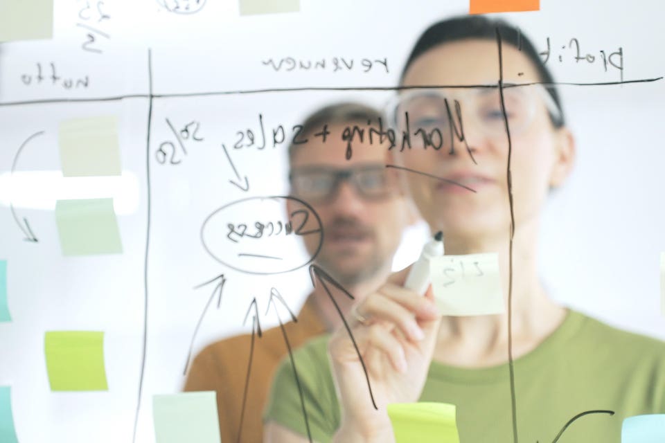 Marketing team collaborating, strategizing business growth with colorful sticky notes on transparent board, targeting revenue and profitability goals