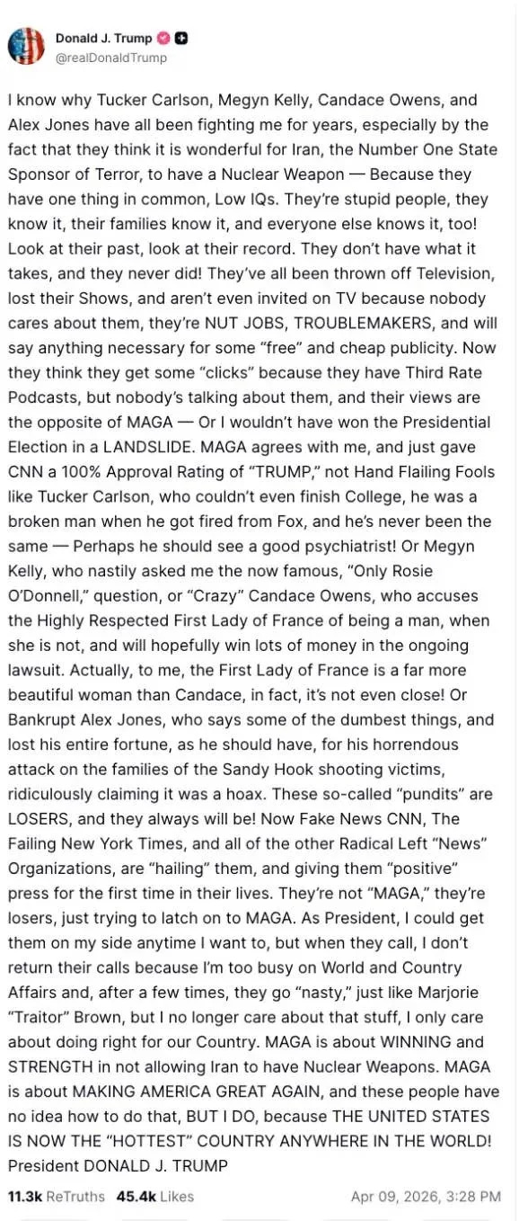 A lengthy social media post from Donald J. Trump criticizing several media personalities and political figures, emphasizing grievances and accusations