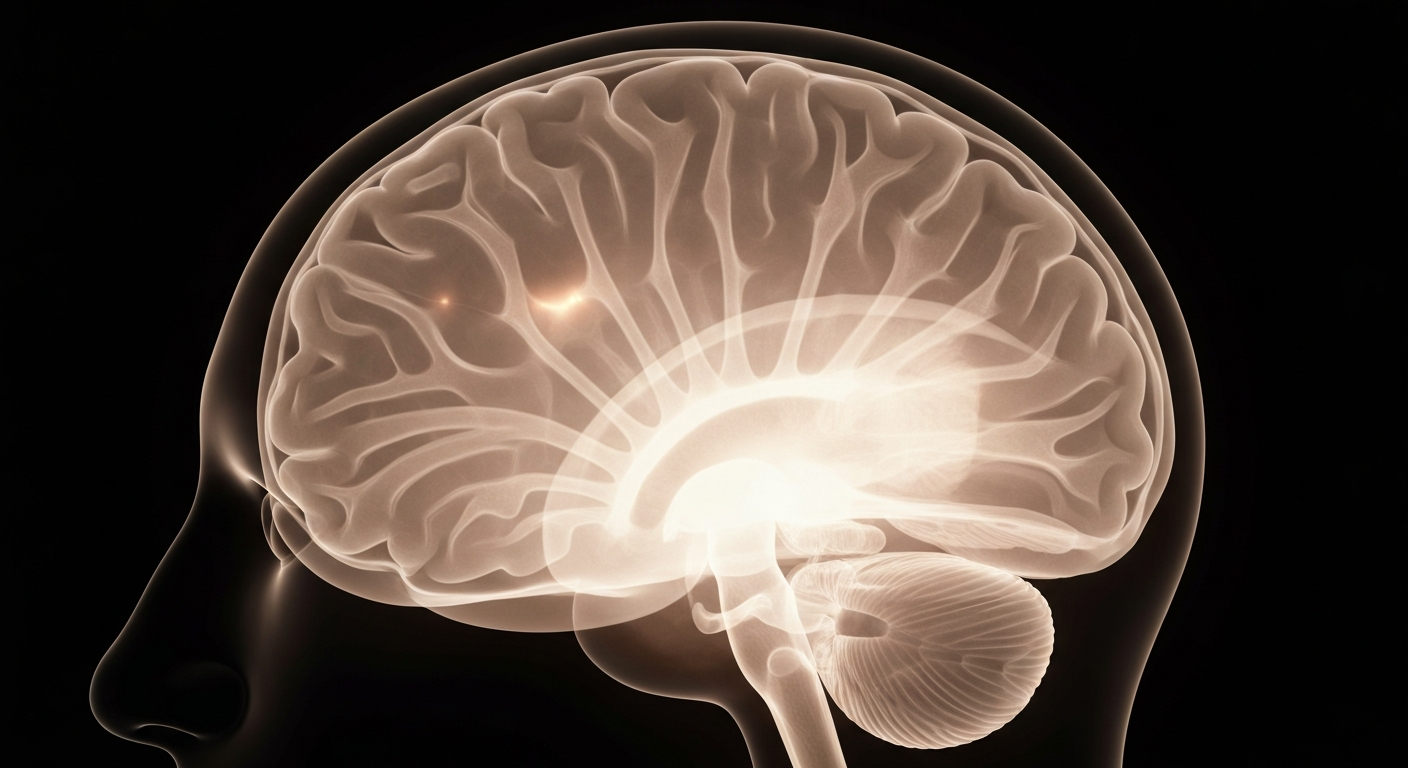 A ghostly, translucent X-ray photograph revealing the intricate internal structure of a human brain, glowing with soft, warm light against a dark background, conceptually representing the county's efforts to address mental health issues.