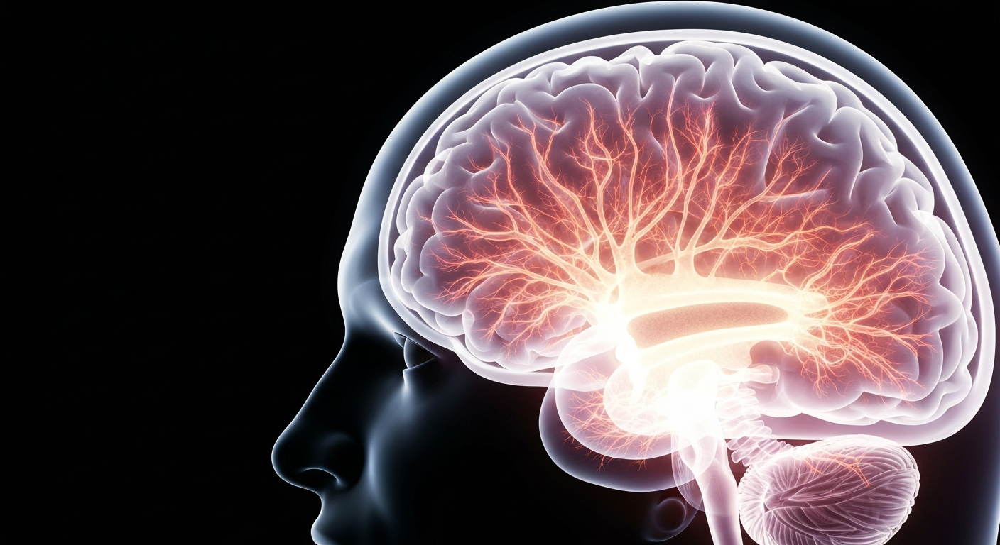 A ghostly, translucent X-ray photograph revealing the intricate neural structures of the human brain, conceptually representing the importance of mental health care for professional athletes.