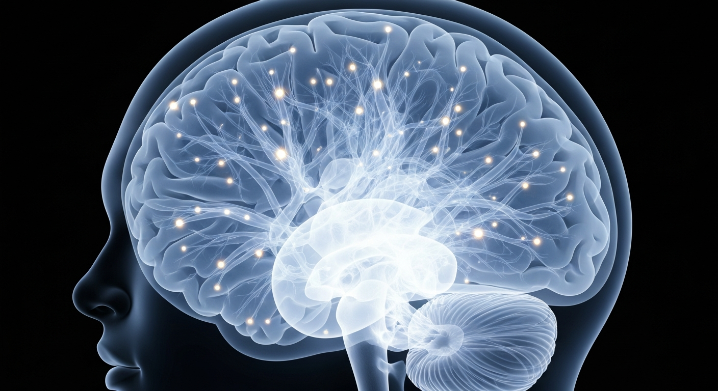 A translucent, ghostly X-ray image revealing the intricate structure of the human brain, with glowing neural pathways and synaptic connections, conceptually representing the complex nature of mental health and the need for coordinated support services.