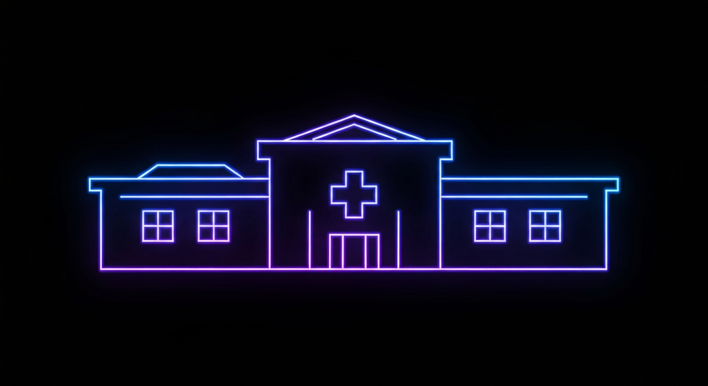 A minimalist neon outline illustration of a rural medical facility, with glowing blue and violet lines defining the building's shape and details against a dark background, conceptually representing improved healthcare access and technology in underserved areas.