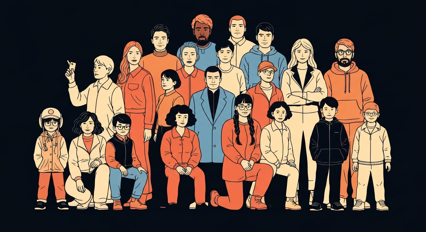 A glowing neon outline illustration of a diverse group of people gathered together, representing the community coming together for a mental health awareness event.