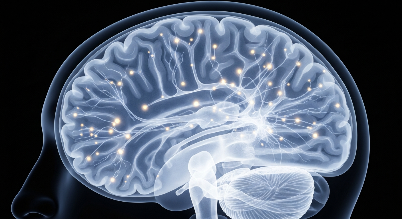 A ghostly, translucent X-ray photograph revealing the intricate neural structures of the human brain, conveying the complexity of mental health and the importance of accessible care.