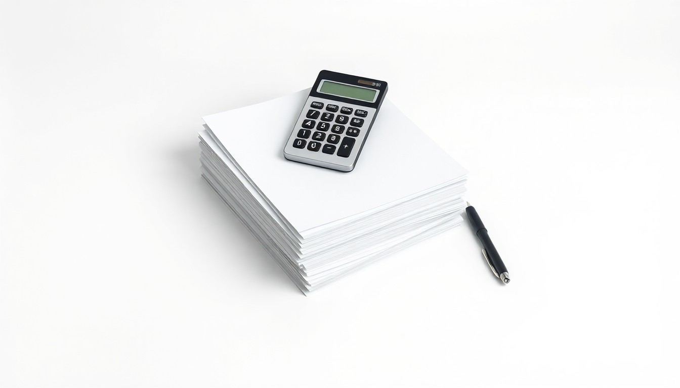A minimalist, photorealistic studio still life featuring a stack of medical files, a calculator, and a pen on a clean, monochromatic background, symbolizing the administrative and financial challenges facing mental health practices.