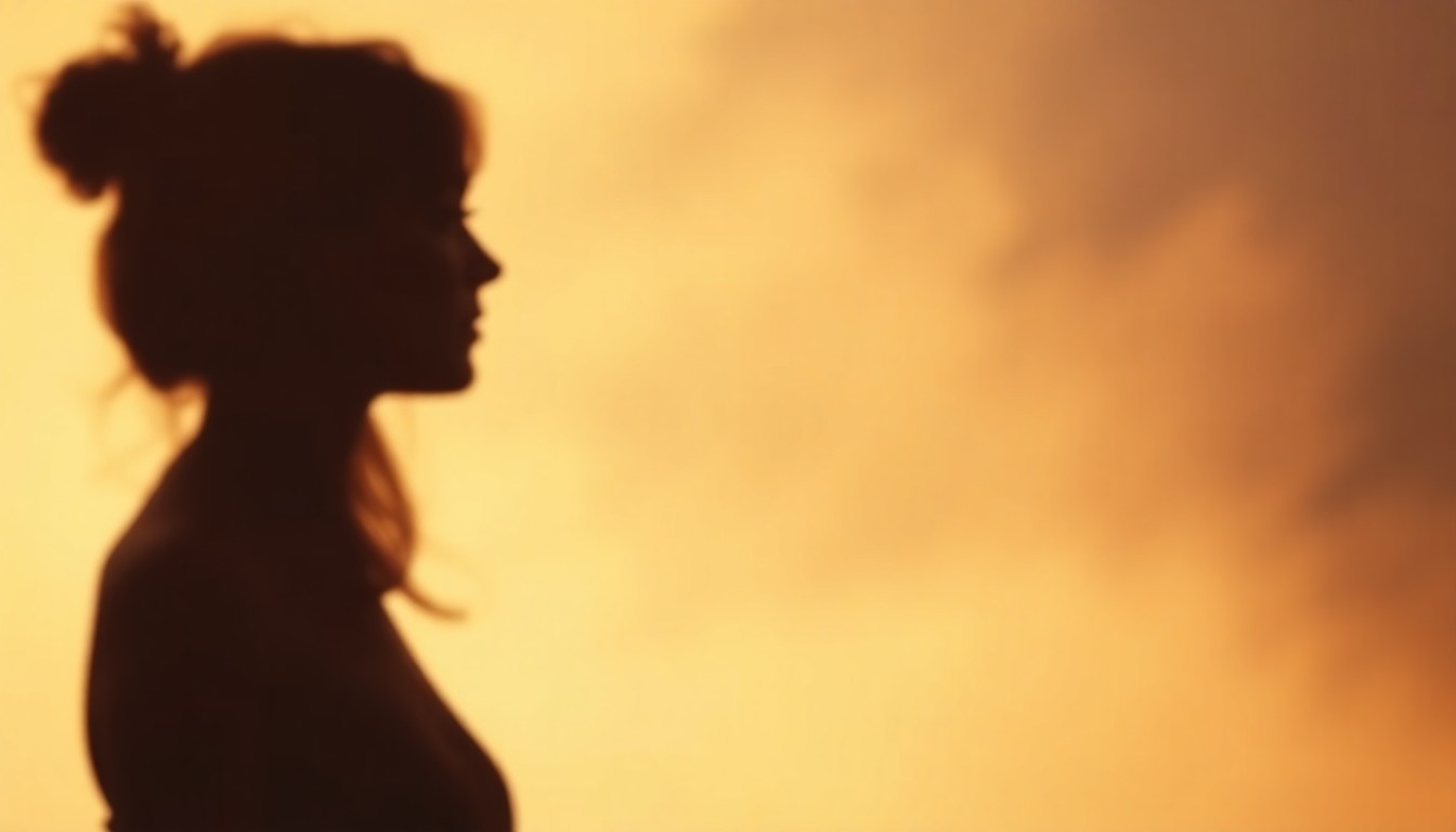A softly blurred, atmospheric photograph in warm, muted tones depicting a woman's silhouette in a contemplative pose, conveying a sense of introspection and resilience.