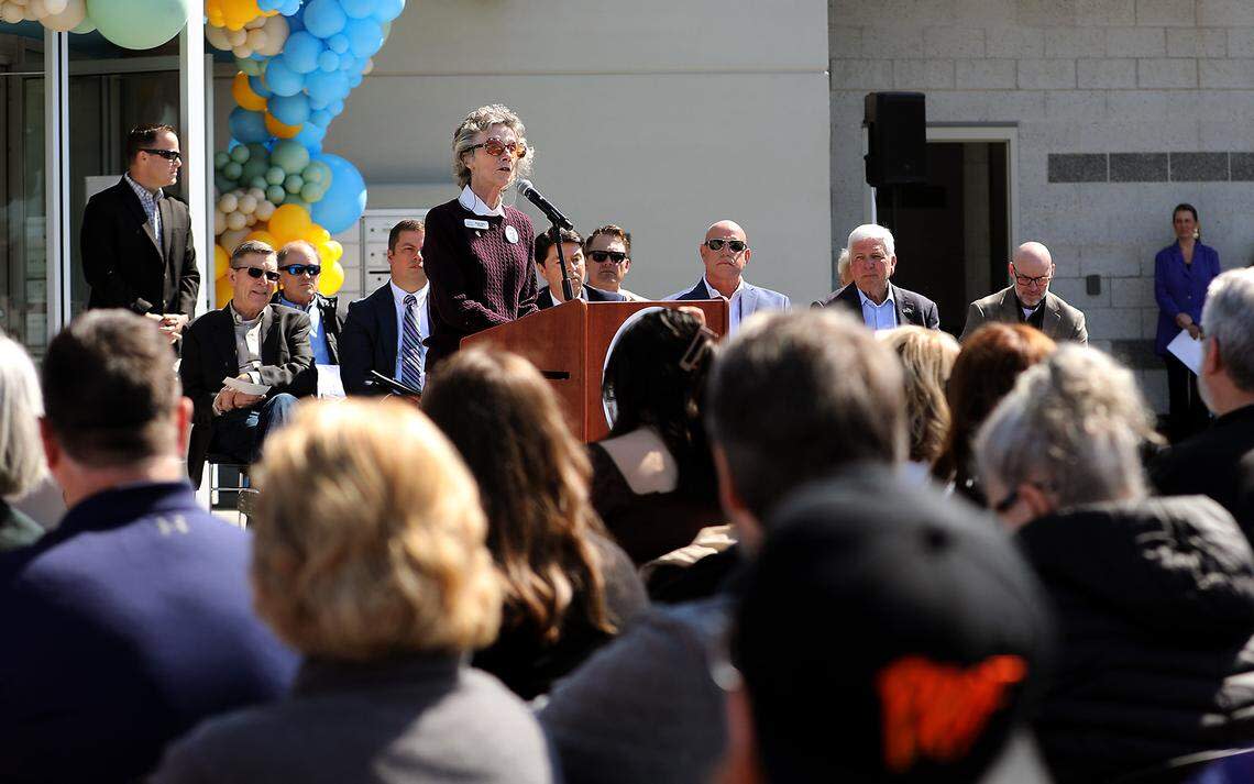 Michele Gerber, Benton Franklin Recovery Coalation President & CEO,  speaks during Friday's grand opening and ribbon cutting ceremony for the Columbia Valley Center for Recovery in downtown Kennewick.