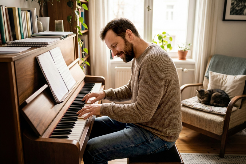 Autistic Adult Special Interest Playing Piano at Home