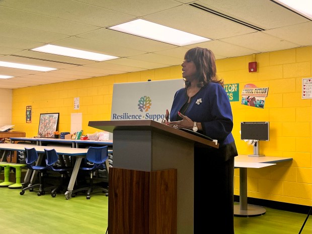 State Rep. Debbie Meyers-Martin, D-Matteson, expresses support for school mental health initiatives during an event at Marya Yates Elementary School in Matteson on April 24, 2026. (Olivia Stevens/Daily Southtown)