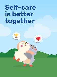 Two cartoon penguins hug under the label, "Self-care is better together."