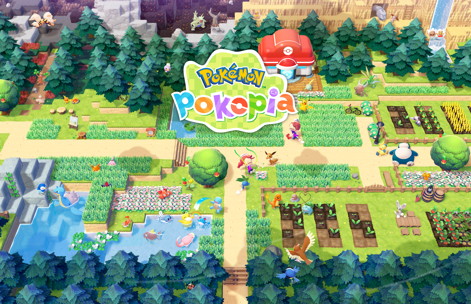 Key art for Pokemon Pokopia, featuring a range of Pokemon in a bright, wooded world.