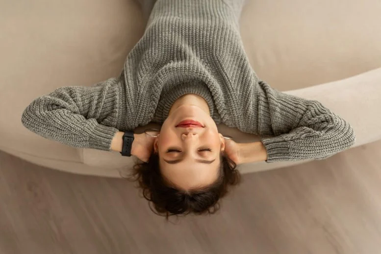 Relaxed Smiling Young Woman Laying Back Closed Eyes Stress Free