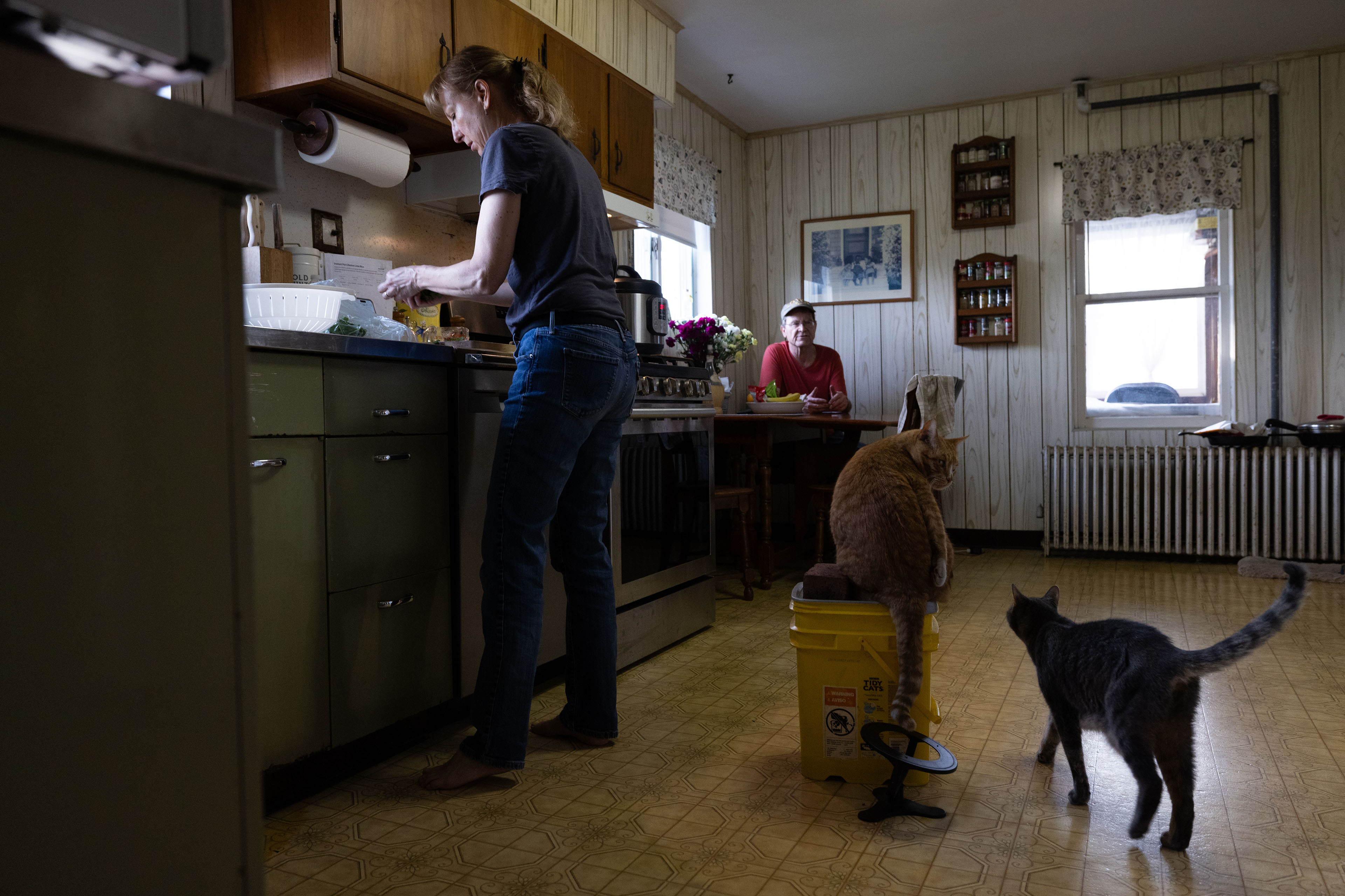 A woman stands at a kitchen countertop with two cats behind her and a man sits at a kitchen table in the background