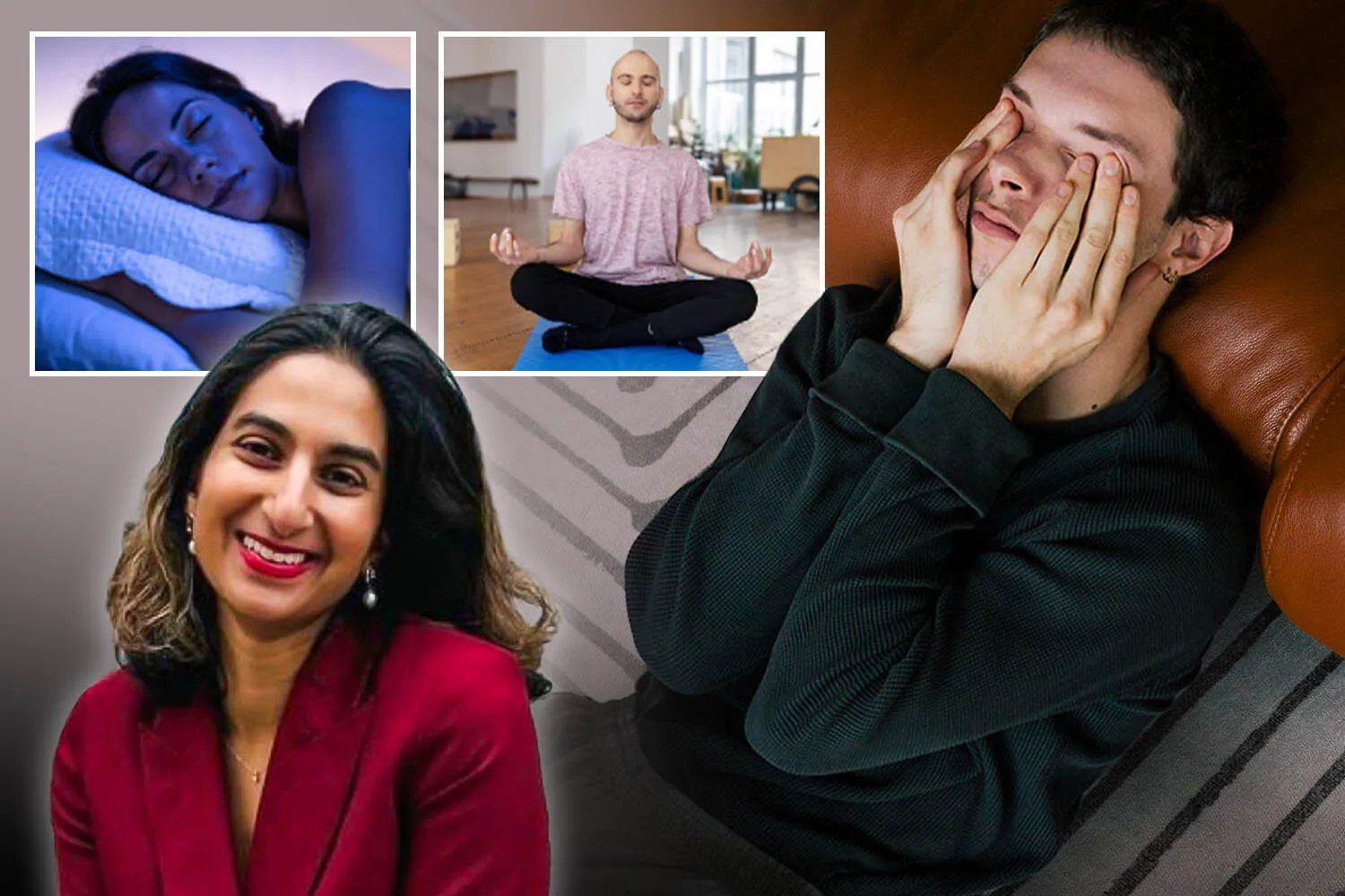 Collage of a woman sleeping, a person meditating, a stressed man, and a smiling woman.