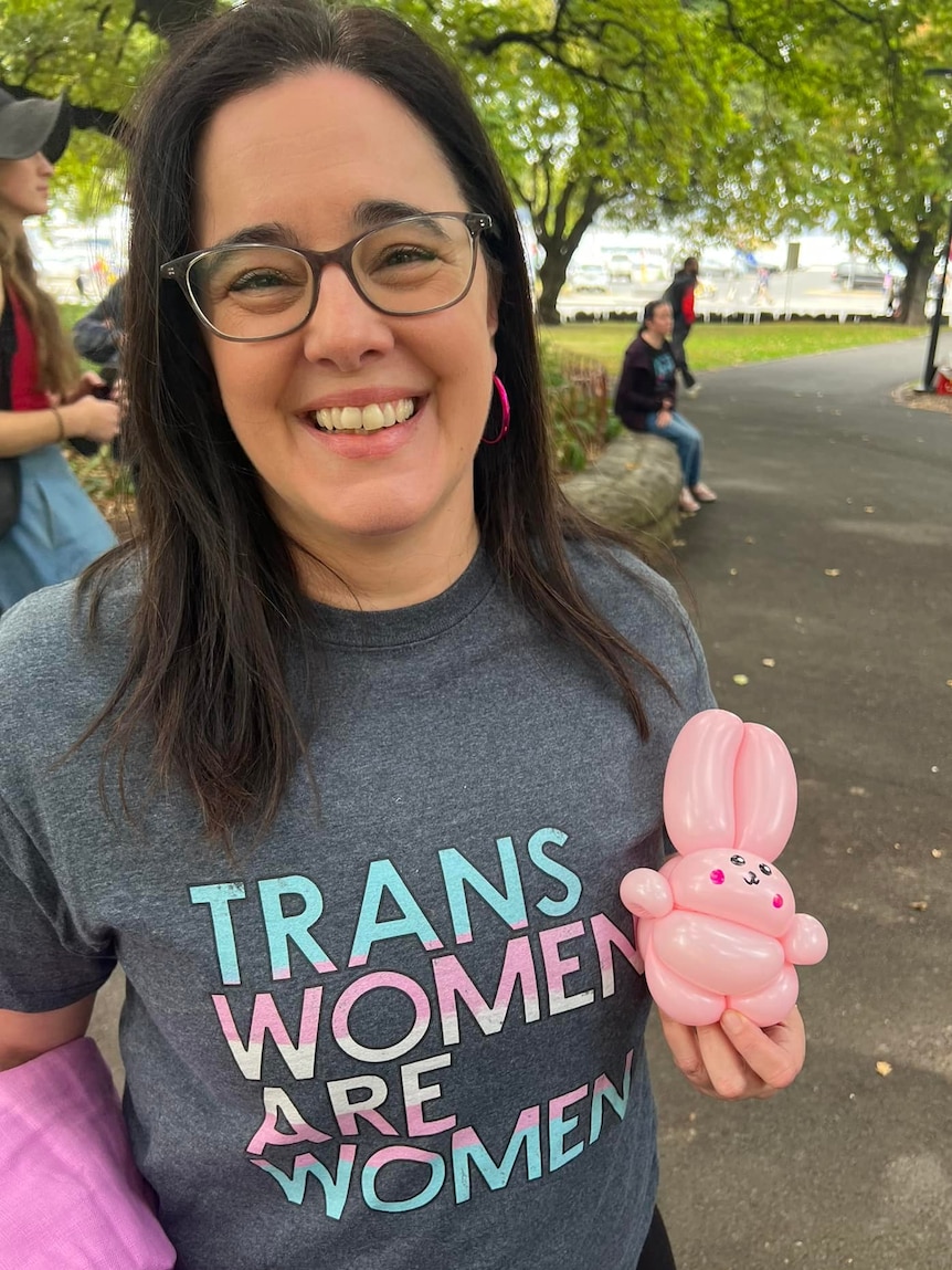 Ella Haddad wearing a pro-trans t-shirt.