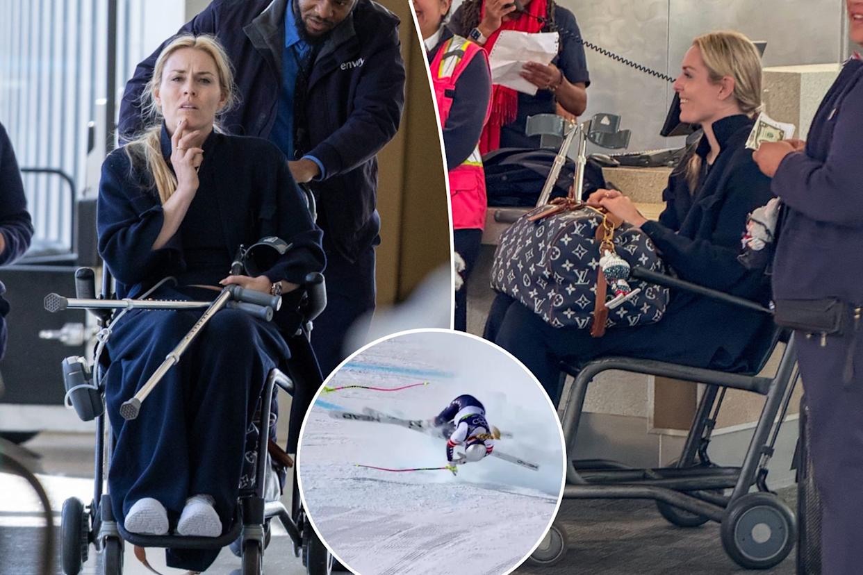 An image collage containing 3 images, Image 1 shows Lindsey Vonn in a wheelchair with crutches being assisted through an airport, Image 2 shows Lindsey Vonn in a wheelchair at an airport, surrounded by staff, Image 3 shows Lindsey Vonn crashing during the Women's Downhill at the Milano Cortina 2026 Winter Olympics
