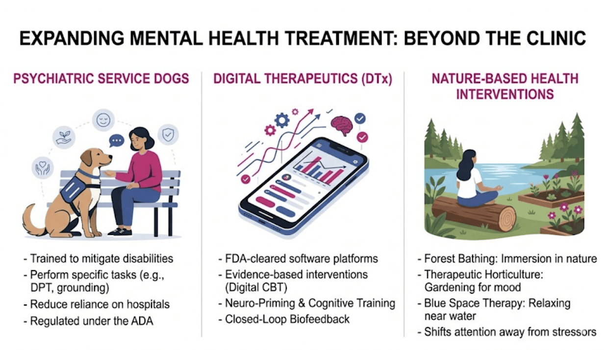 Infographic on the expanding mental health treatment beyond the clinic. - Service Dog School of America
