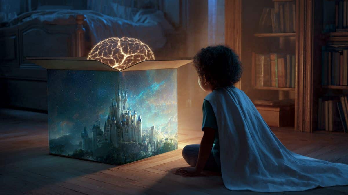 This shows a child in a cape looking at an imaginary castle and a brain.