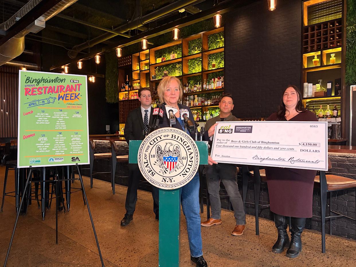 On April 2, 2026 eatBING President Marie McKenna was joined by Binghamton Mayor Jared Kraham, Jay Pisculli of Downtown by Chef Jay Pisculli and Mental Health Association of the Southern Tier Operations Manager Olivia Shimkus.