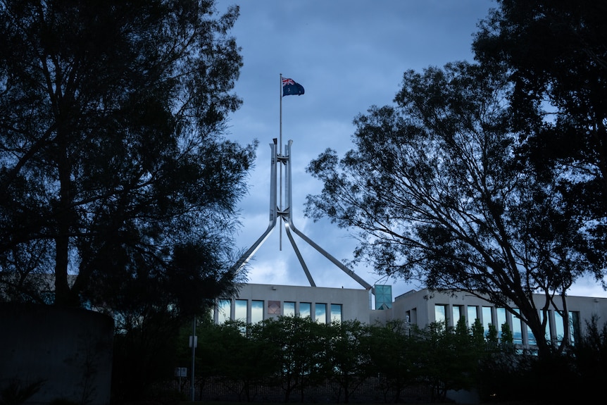 A moody shot of Parliament House through trees. 