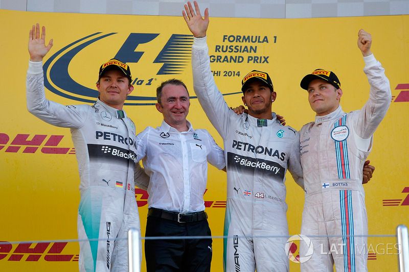 Valtteri Bottas on the podium at the 2014 Russian Grand Prix alongside his future Mercedes team-mate Lewis Hamilton. Behind the scenes, the Finn was starving himself to help his car get below the weight limit