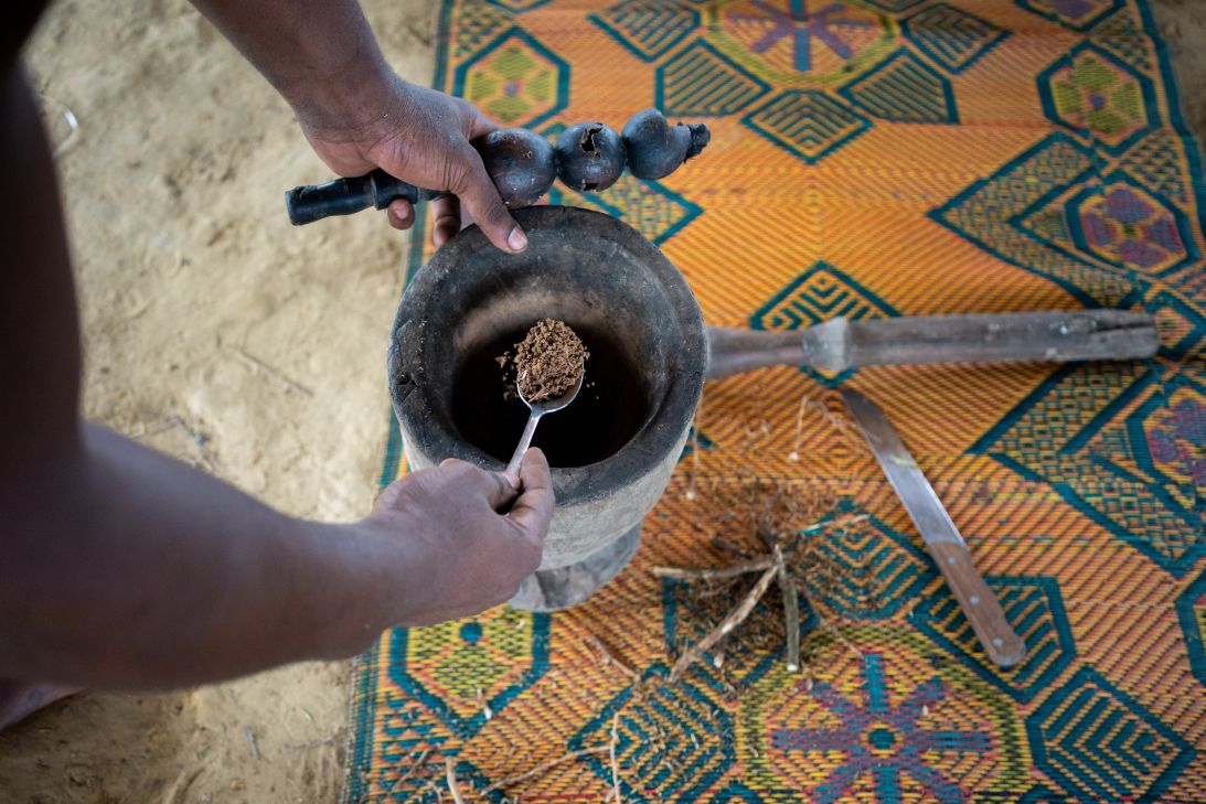 The iboga root is carefully pounded into fine powder as part of a ceremony Ghana.