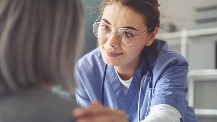Healthy lifestyle and medical concept, the healthcare worker talks to the elderly patient and comforts her