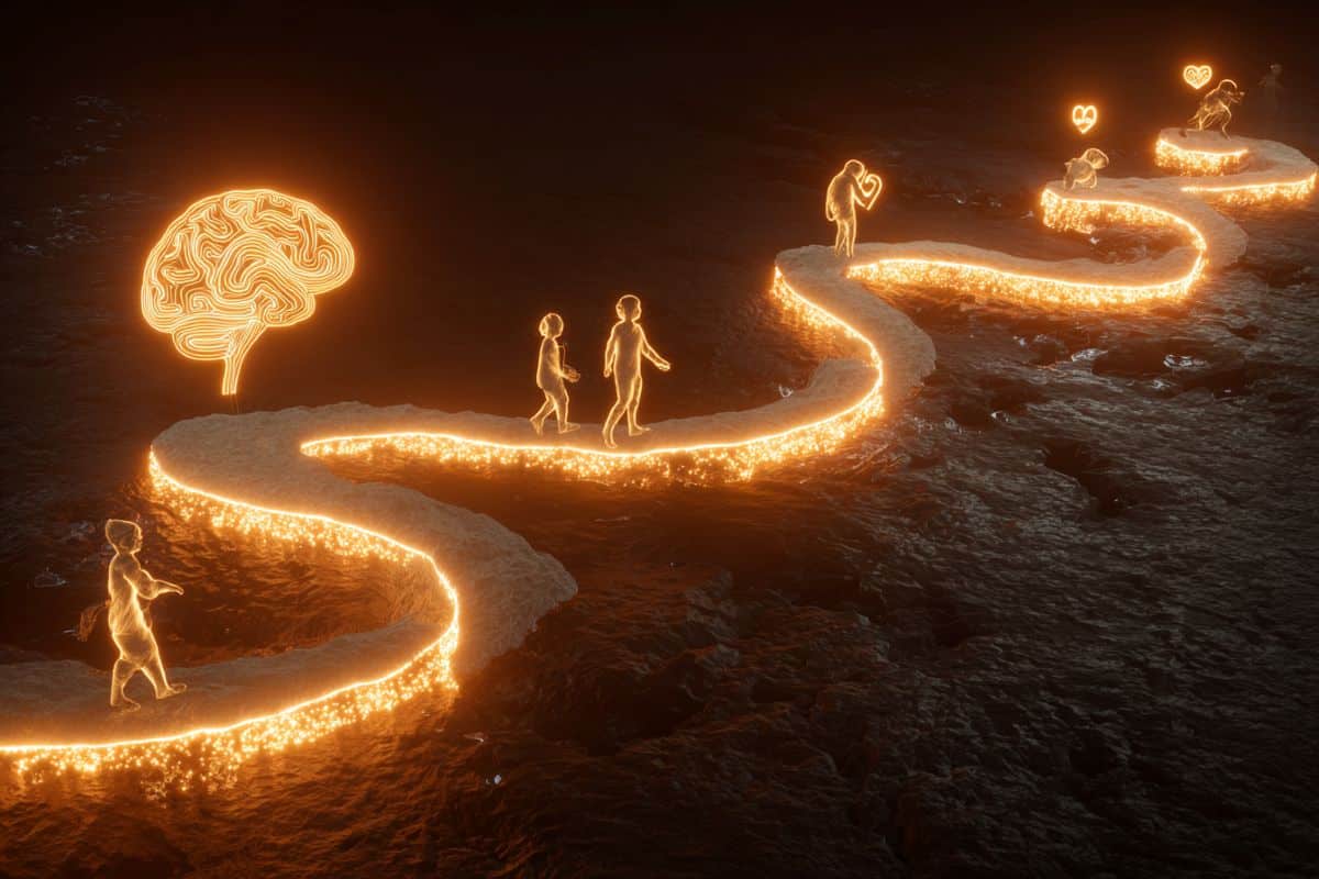 This shows a brain and people of different ages walking on a path toward it.