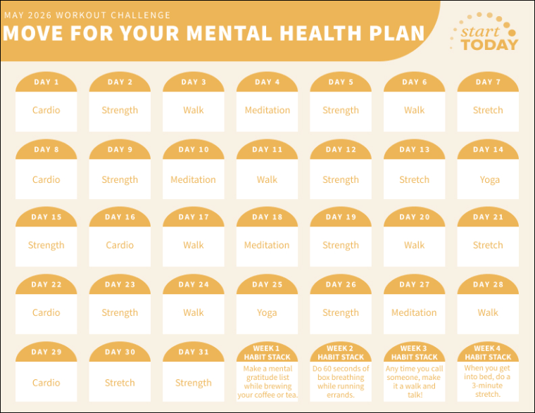 Start TODAY May Mental Health Workout Plan Calendar