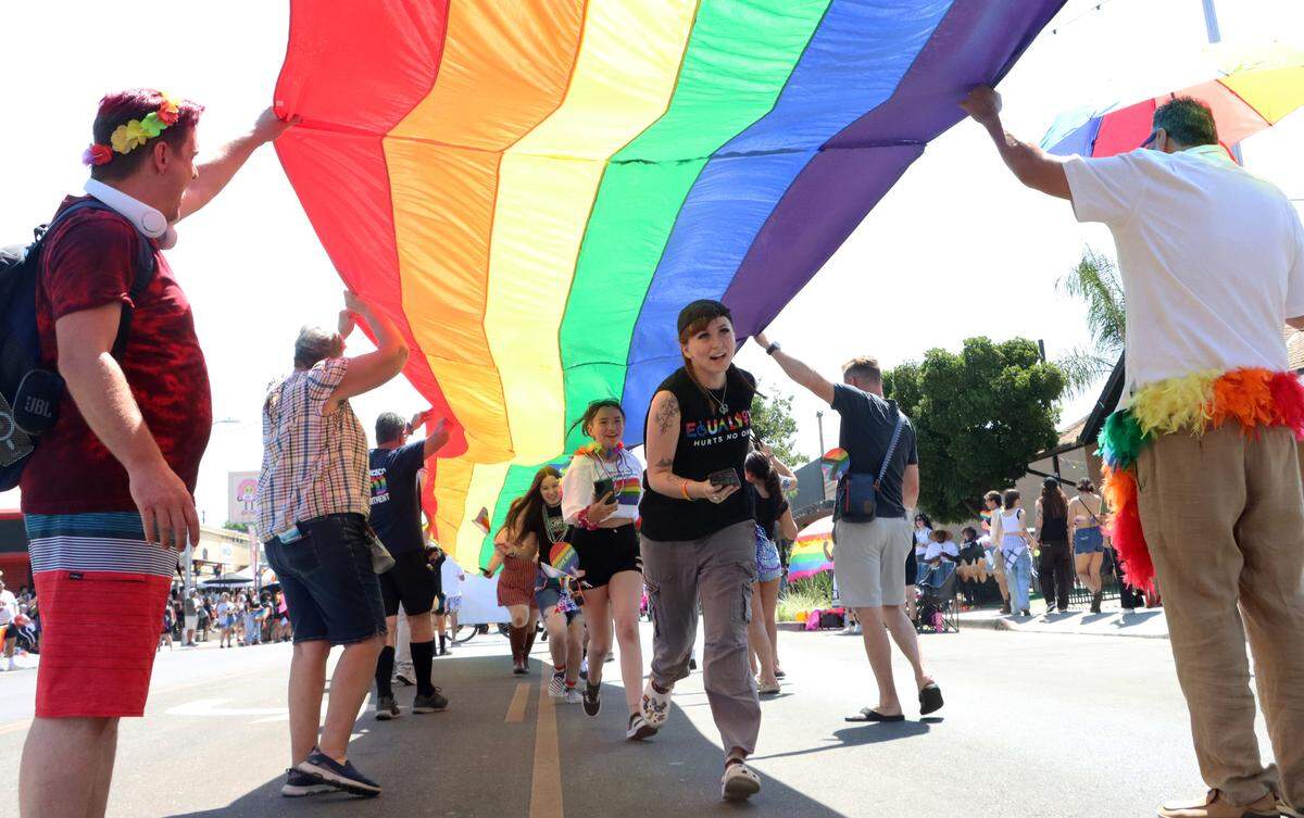 Spectators jumped in to run underneath a giant Pride flag during  the 35th Pride Parade in the Tower District on June 7, 2025.