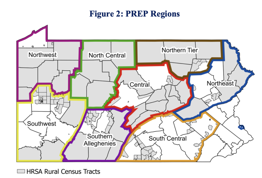 Existing Partnerships for Regional Economic Performance, seen above, will be tasked with convening regional stakeholders for Rural Care Collaboratives to oversee area strategies. Areas shaded in gray are rural areas, as defined by the federal Health Resources and Services Administration. 