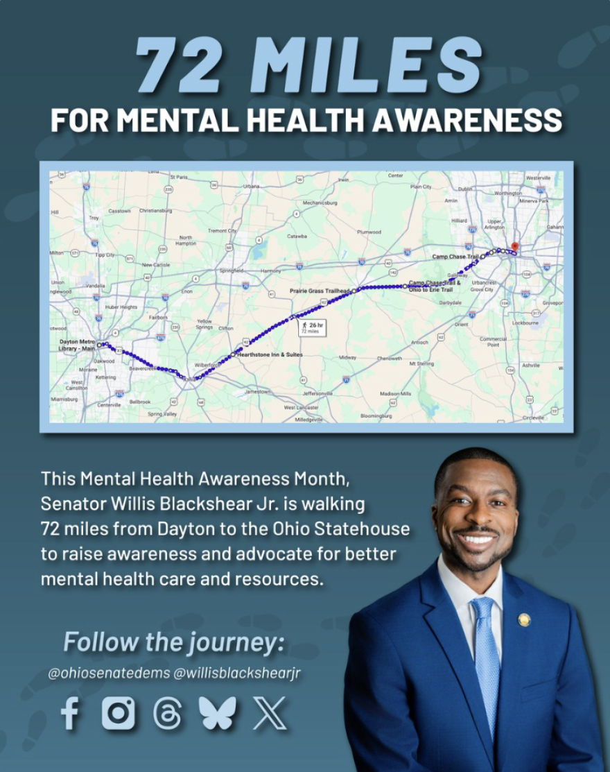  The map @OhioSenateDems displayed on X that shows his journey from his district to the Ohio Statehouse 