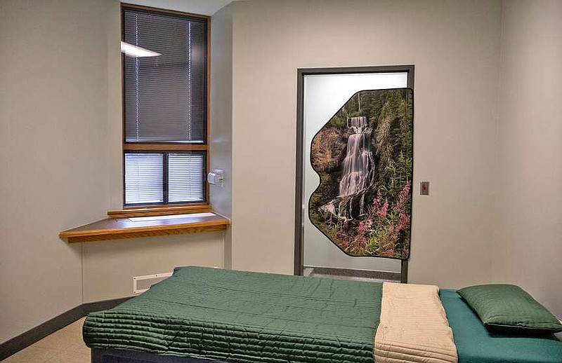 The new adult behavioral health unit at National Park Medical Center opens on June 1 with 12 of the 16 beds available. The rooms have several safety features, including bathroom doors that allow staff to be able to see the patient while providing privacy and a lack of ways for the patients to harm themselves. (The Sentinel-Record/Thomas Buckman)